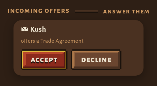 The Incoming Offers block at the top of the Diplomacy panel, headed Incoming Offers and Answer them: one envoy line reading Kush, offers a Trade Agreement, with an Accept button and a Decline button.