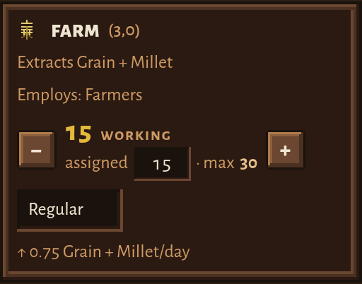 A Farm row with fifteen working, the word assigned followed by an orange 30, max 30, priority Regular, and a green line reading up 0.75 grain plus millet per day.