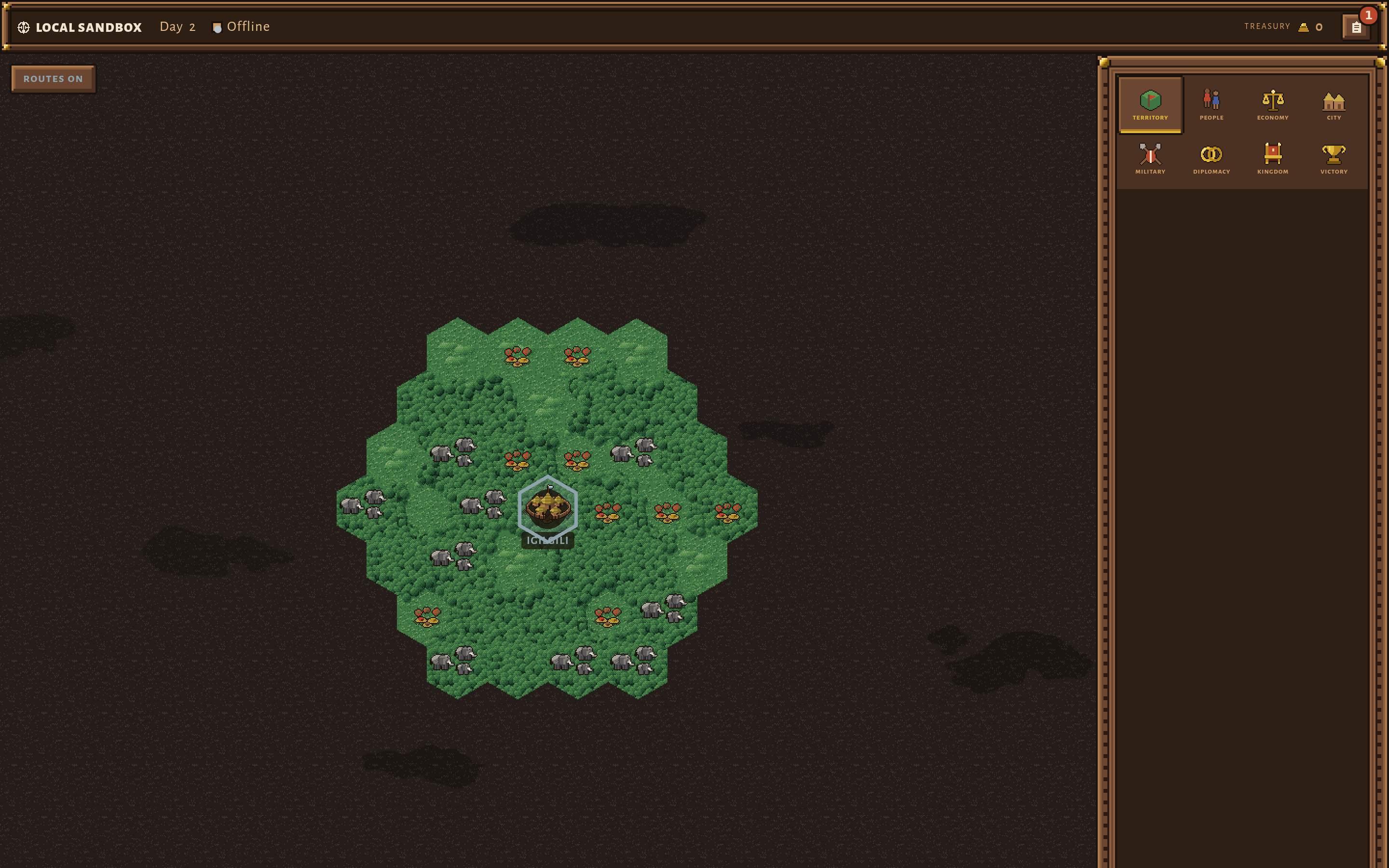 The same overworld after the overhaul: drawn forest with individual trees, a walled capital with huts and a flag at its centre, elephant herds and gold seams visible on the explored ground, cloud shadows drifting across the dark unexplored land, and a carved wood sidebar with painted icons.